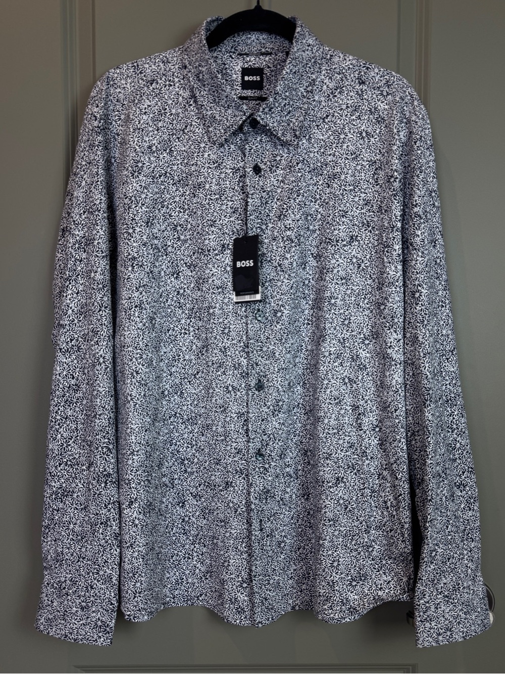 NWT PRINTED SLIM-FIT SHIRT IN A COTTON BLEND in Dark Blue, Size XL